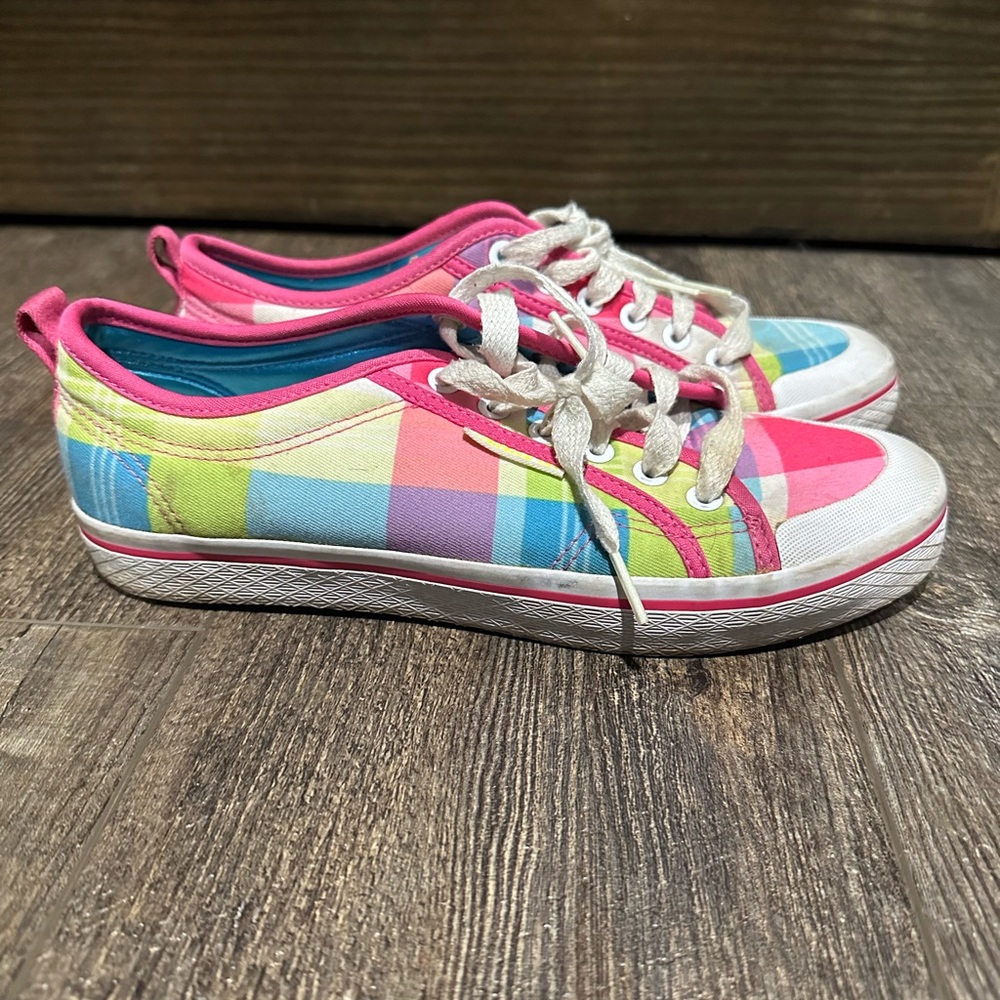 Adidas pastel plaid sneakers, size 8 1/2